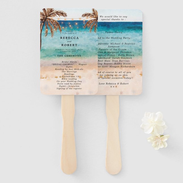 beach palm trees tropical wedding program fans (Front and Back)
