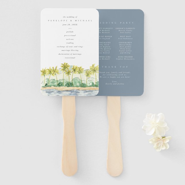 Beach Palm Trees Tropical Wedding Program Hand Fan (Front and Back)