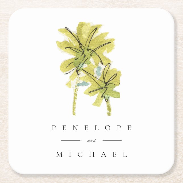 Beach Palm Trees Tropical Wedding Thank You Square Paper Coaster (Front)