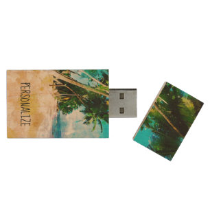 Beach Palm Trees USB Wooden Flash Drive