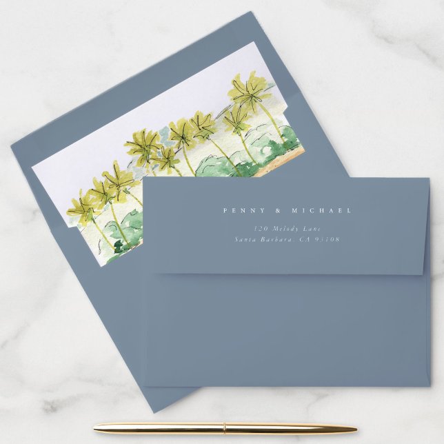 Beach Palm Trees Watercolor Return Address Blue Envelope (Blue return address envelope with beach palm trees liner inside.)
