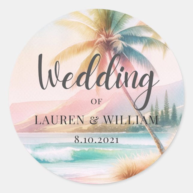 Beach Palm Trees Watercolor Wedding Classic Round Sticker (Front)