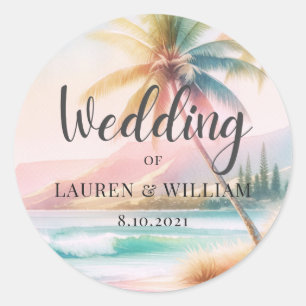 Beach Palm Trees Watercolor Wedding Classic Round Sticker