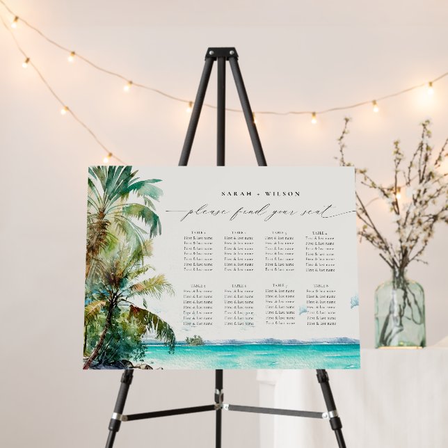 Beach Palm Trees Wedding Welcome 8 Seating Chart Foam Board (In Situ (Stand))