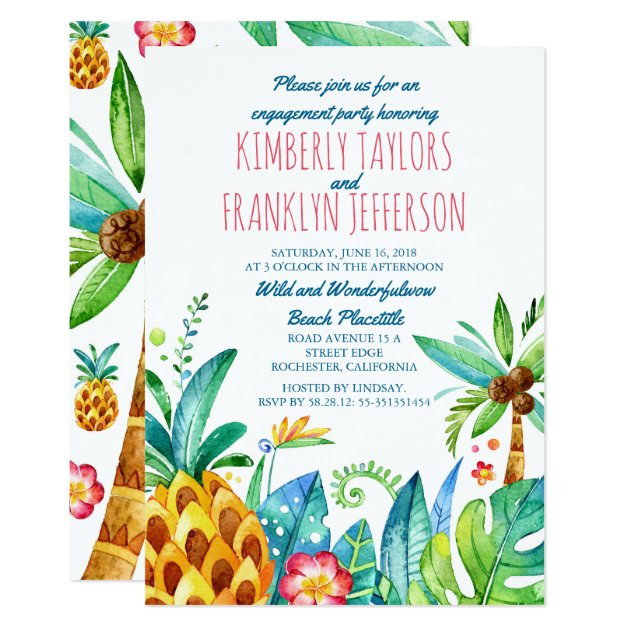 Beach Palms Pineapple Watercolor Engagement Party Invitation