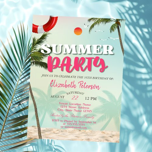 Beach Palms Summer Party Birthday Invitation