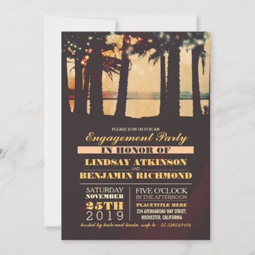 Beach Palms Sunset Engagement Party Invitation - Romantic seaside sunset beach Engagement Party invitation with colorful string lights hanging on the palm trees. Modern yet vintage - old fashioned - retro invite for sunset beach Engagement Party theme. ----If you push CUSTOMIZE IT button you will be able to change the font style, color, size, move it etc. it will give you more options! Contact me if you need more matching items or have a custom color request.