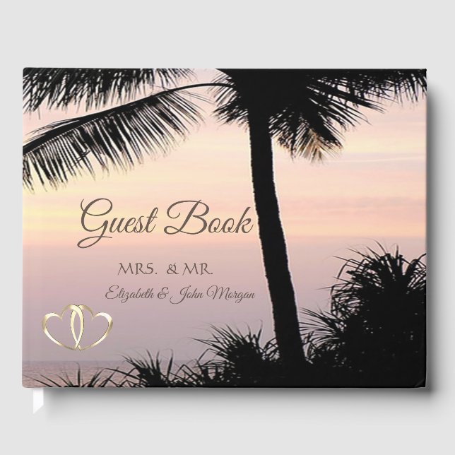 Beach Palms Sunset Hearts  Wedding Guest Book (Front)