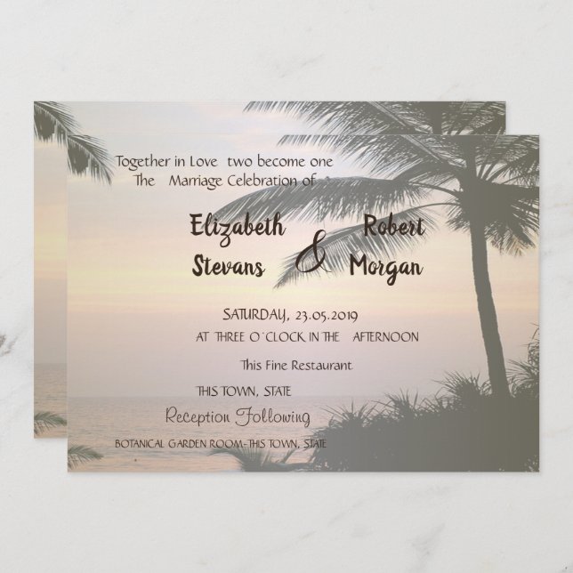 Beach Palms Sunset  Wedding  Invitation (Front/Back)