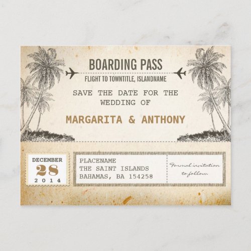 beach palms vintage boarding pass save the date announcement postcard
