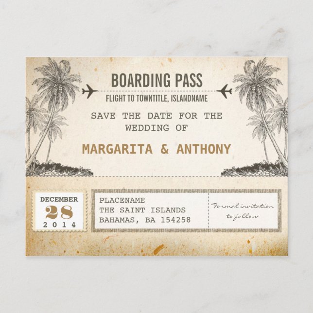 beach palms vintage boarding pass save the date announcement postcard (Front)