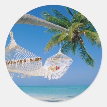Beach Paradise Vacation Hammock Classic Round Sticker by Beauty_of_Nature at Zazzle