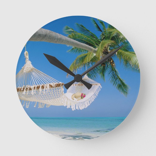 Beach Paradise Vacation Hammock Round Clock (Front)