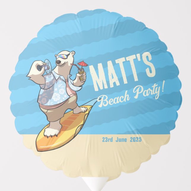 Beach Party Add Your Name Cool Surfing Polar Bear Balloon (Front)