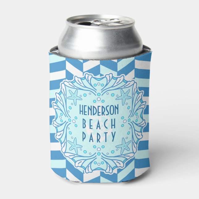 Beach Party Art Deco Shell and Herringbone Custom Can Cooler (Can Front)
