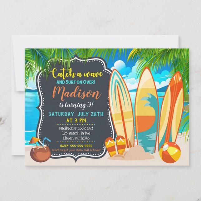 Beach Party Birthday Invitation, Summer Party Invitation (Front)