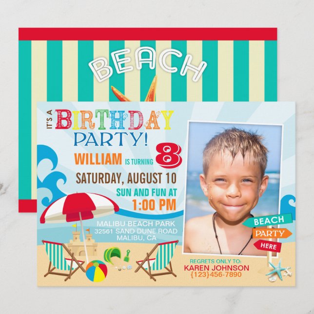 Beach Party Birthday Invitations (Front/Back)