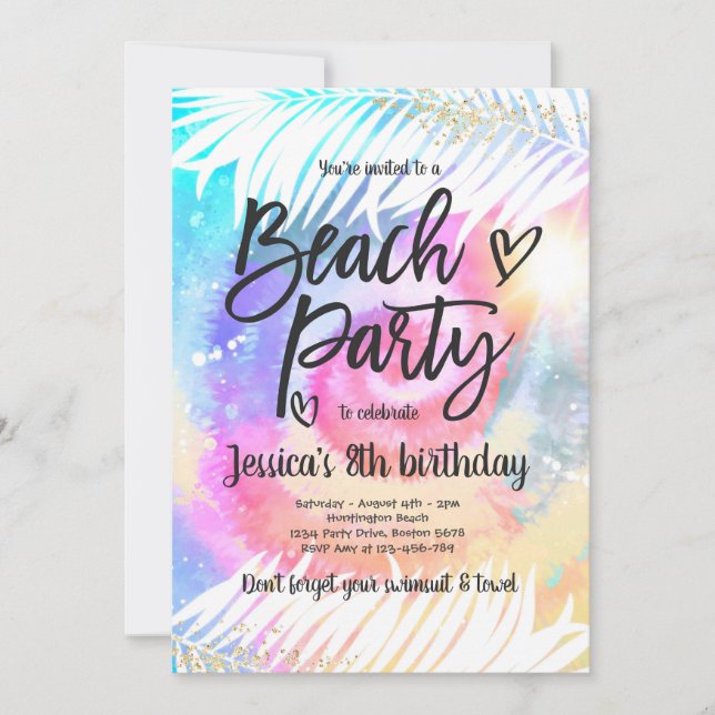 Beach Party Birthday Pink Tie Dye Girl Beach Party Invitation (Front)