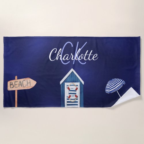 Beach party blue white monogram beach towel