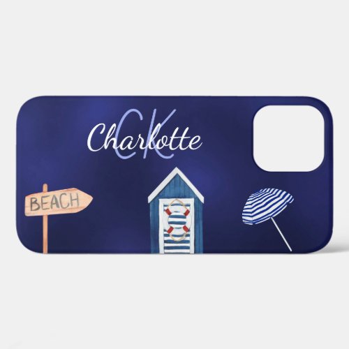 Beach party blue white monogram name iPhone 12 case