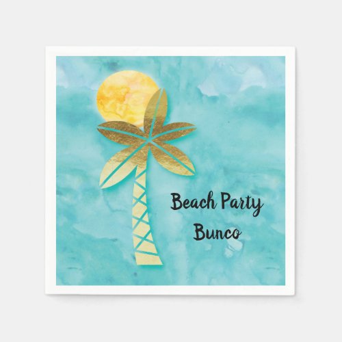 Beach Party Bunco Blue Watercolor Gold Palm Tree Napkins