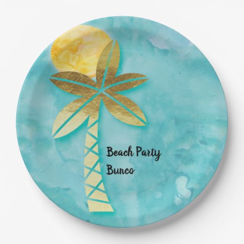 Beach Party Bunco Blue Watercolor Gold Palm Tree Paper Plates