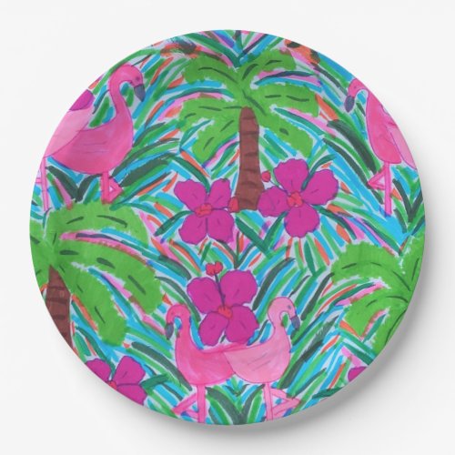 Beach Party Flamingos and Palm Trees Paper Plates