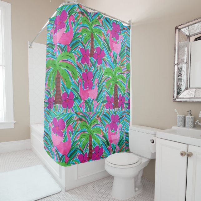 Beach Party Flamingos and Palms Shower Curtain (In Situ)