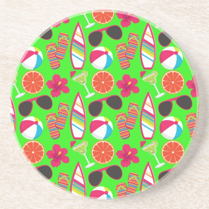 Beach Party Flip Flops Sunglasses Beach Ball Green Beverage Coaster