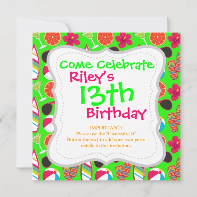 Beach Party Flip Flops Sunglasses Beach Ball Green Invitation (Front)