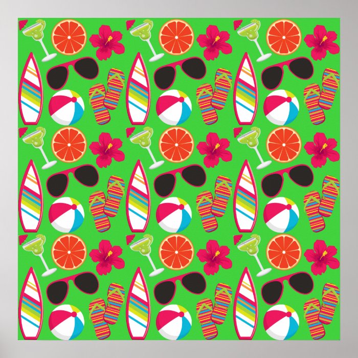 Beach Party Flip Flops Sunglasses Beach Ball Green Poster