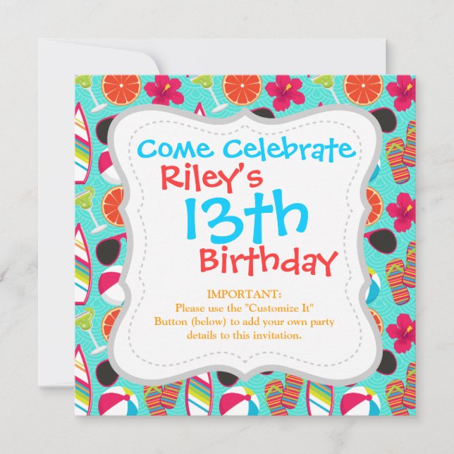 Beach Party Flip Flops Sunglasses Beach Ball Teal Invitation (Front)