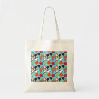 Beach Party Flip Flops Sunglasses Beach Ball Teal Tote Bag by PrettyPatternsGifts at Zazzle