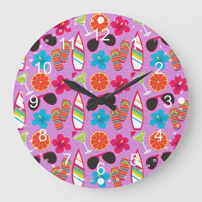 Beach Party Flip Flops Sunglasses Beachball Purple Large Clock (Front)