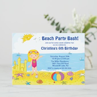 Beach Party Girl Swimming Birthday Invitation | Zazzle