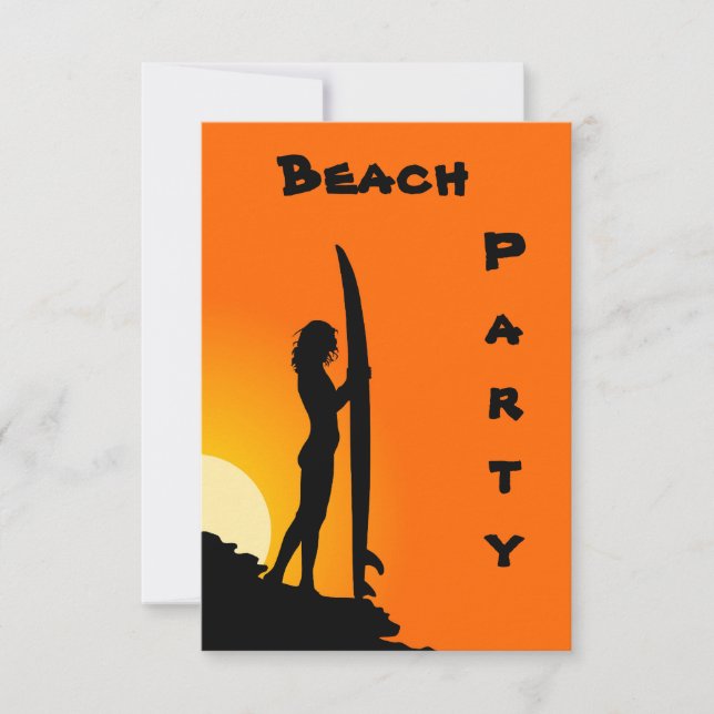 Beach Party Invitations, surfer, orange and black Invitation (Front)