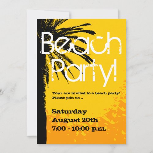 Beach party invitations with palm sunset
