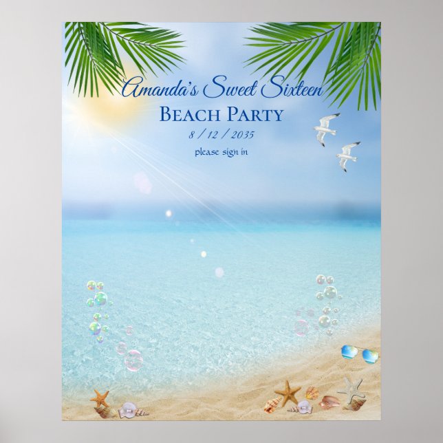 Beach Party Luau Sweet Sixteen Seashells  Seagulls Poster (Front)