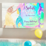 Beach party mermaid tails Kids birthday photo Banner<br><div class="desc">Dive into the festivities with our enchanting Happy Birthday Banner, bringing the magic of our mermaid bash to life! Picture vibrant hand-painted watercolor mermaid tails in mesmerizing shades of pink, purple, holographic, rainbow, blue, and green, enhanced with faux shimmer glitter that sparkles in the sunlight. Set against a captivating rainbow...</div>