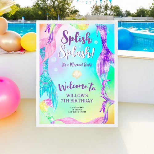 Beach party mermaid tails Kids birthday welcome Poster