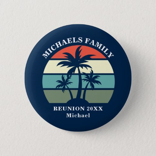 Beach Party Palm Tree Sunset Custom Blue Name Tag Button