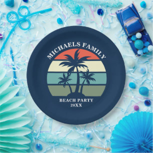 Beach Party Palm Tree Sunset Island Custom Blue Paper Plates