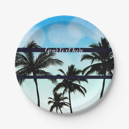 Beach Party Palm Trees Tropical Blue Vintage Night Paper Plates