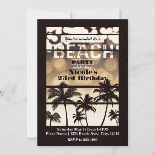 Beach Party Palm Trees Tropical Golden Night Glam Invitation