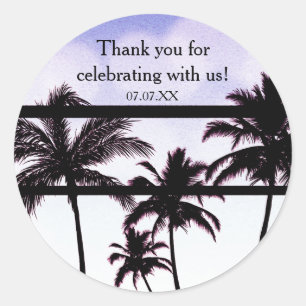 Beach Party Palm Trees Tropical Purple Glam Favor Classic Round Sticker