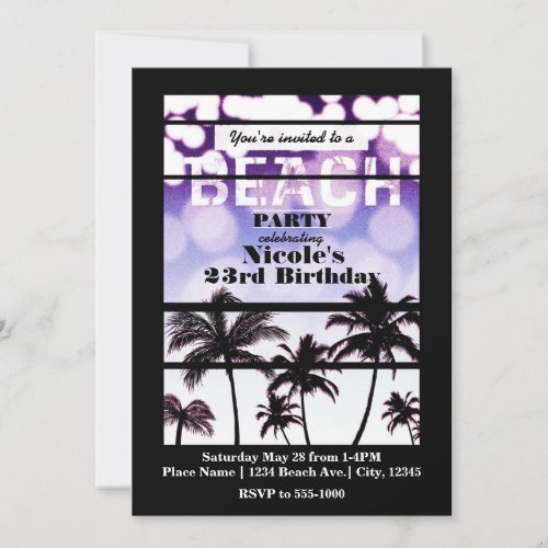 Beach Party Palm Trees Tropical Purple Glam Invitation