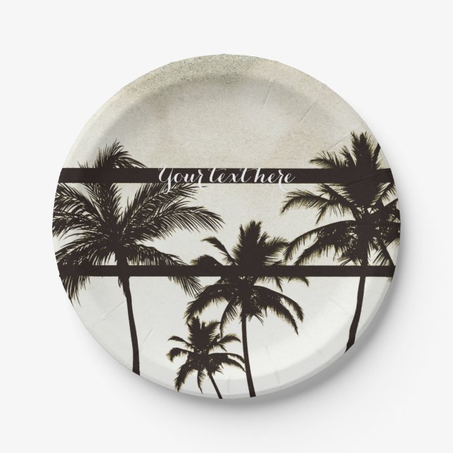 Beach Party Palm Trees Tropical White Hot Night Paper Plates (Front)