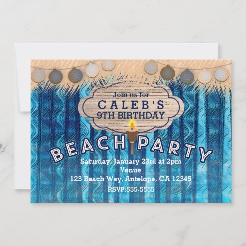 BEACH PARTY Retro Blue Waves Birthday Invitations