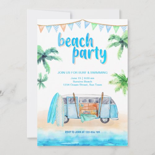 Beach Party Retro Van Surfboard Invitation Card