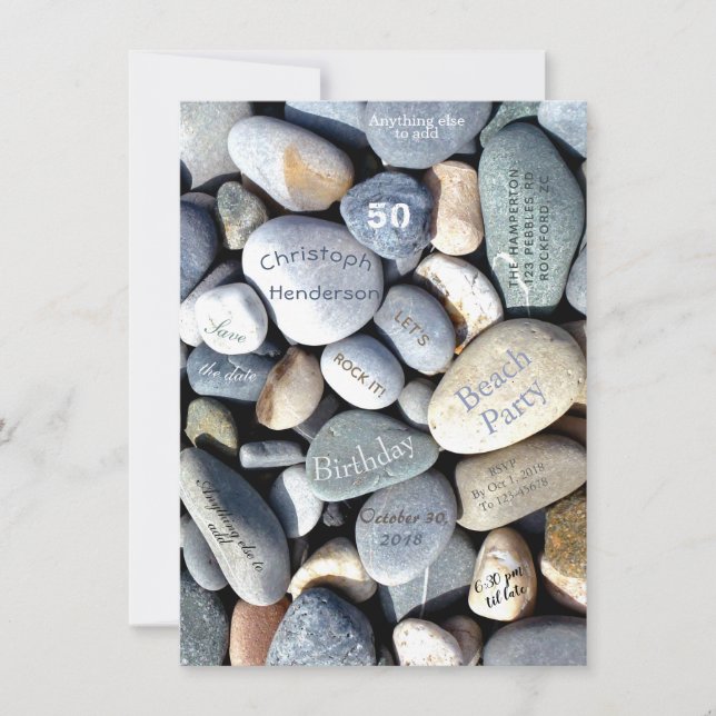 Beach Party Rustic Pebbles Stylish 50th Birthday Save The Date (Front)
